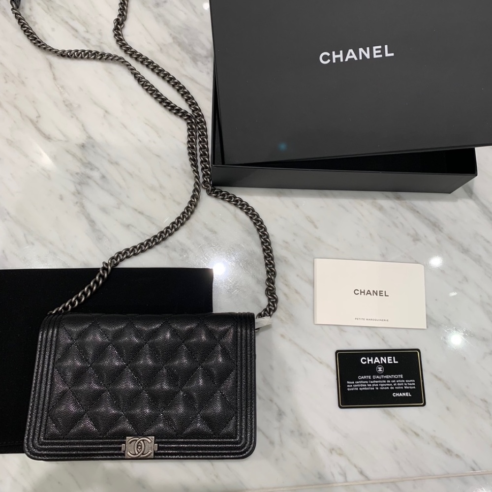 Chanel black quilted boy wallet on chain